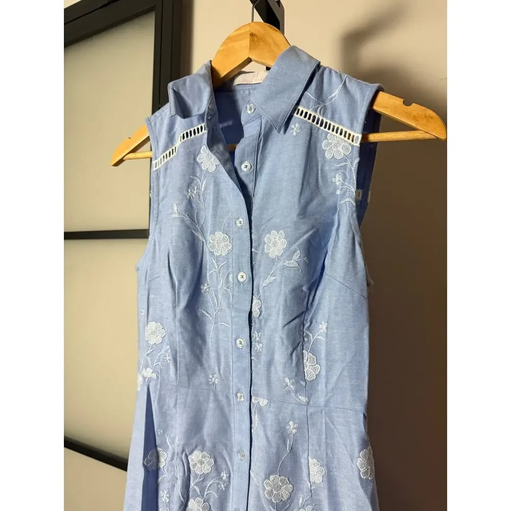 Rachel Parcell Blue Embroidered Sleeveless Midi Dress with White Lace Trim